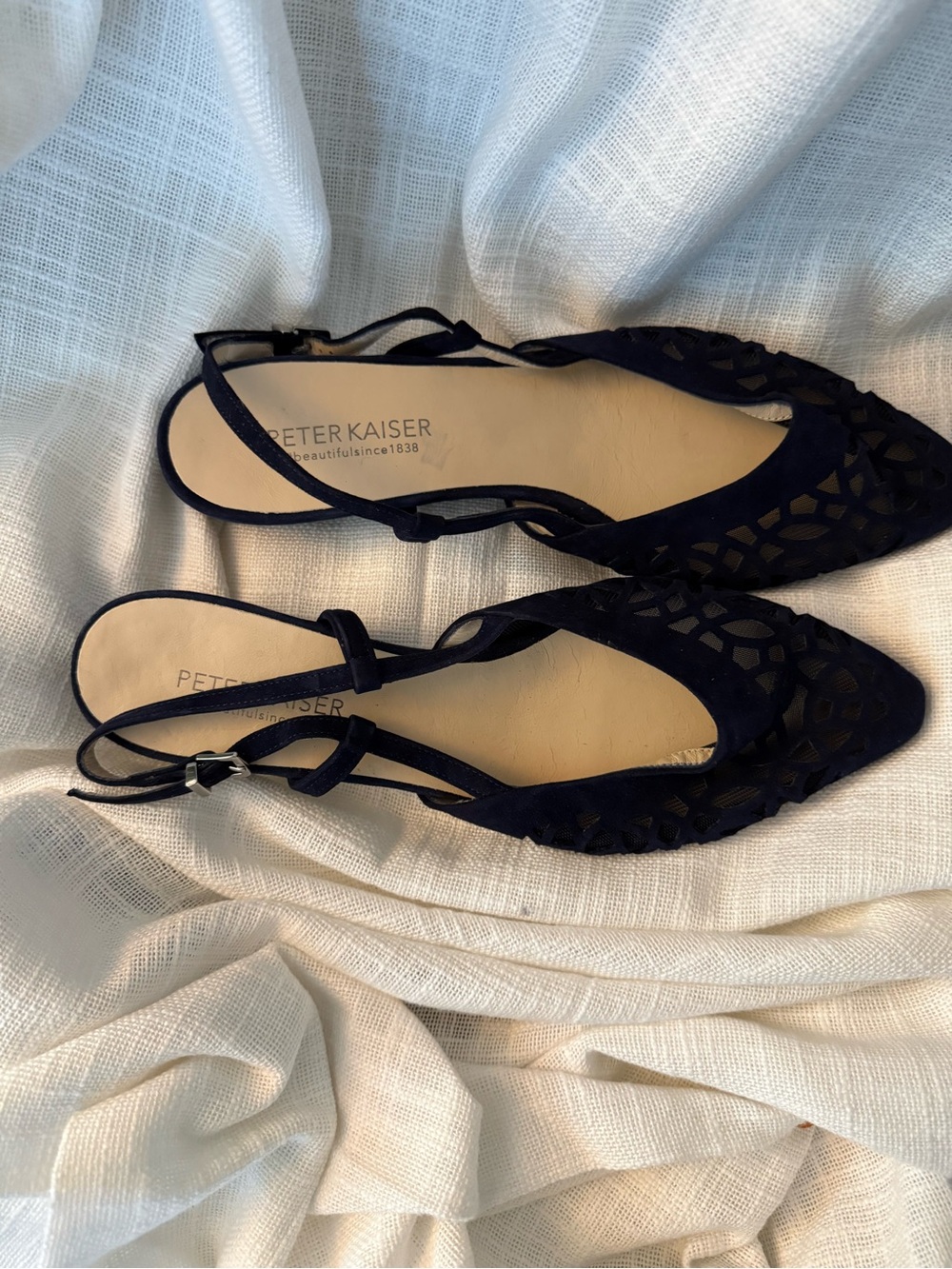 Peter Kaiser Navy Laser-Cut Slingback Flats